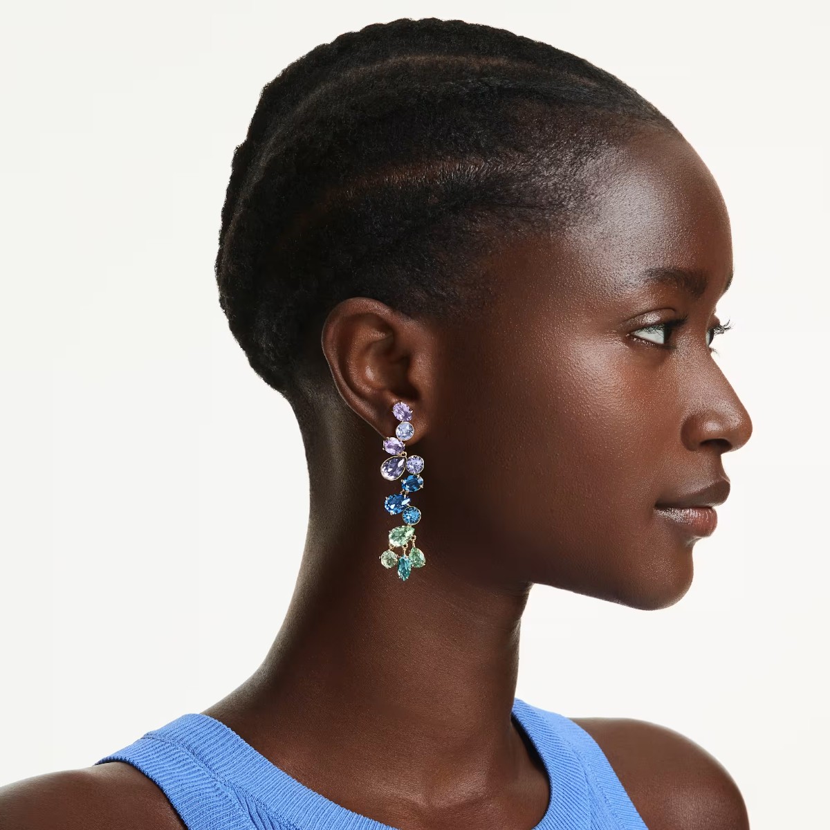 Swarovski Mixed Cuts Chandelier Long Gema Drop Earrings, Multicolored and Gold Tone Plated