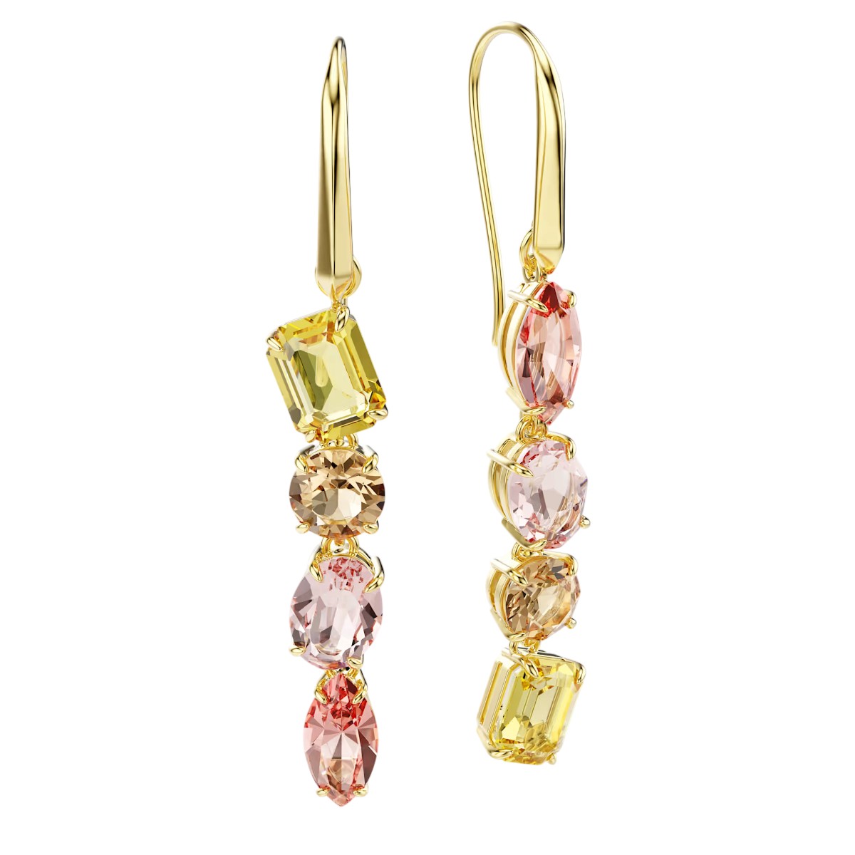 Swarovski Mixed Cuts Asymmetrical Gema Drop Earrings, Pink and 18k Yellow Gold Finish