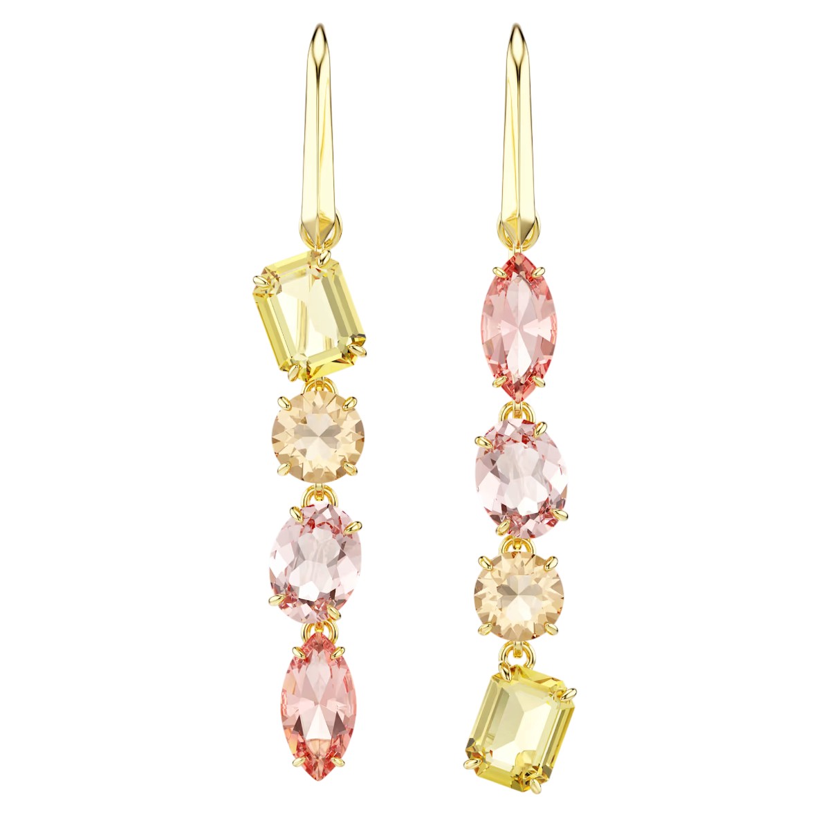Swarovski Mixed Cuts Asymmetrical Gema Drop Earrings, Pink and 18k Yellow Gold Finish