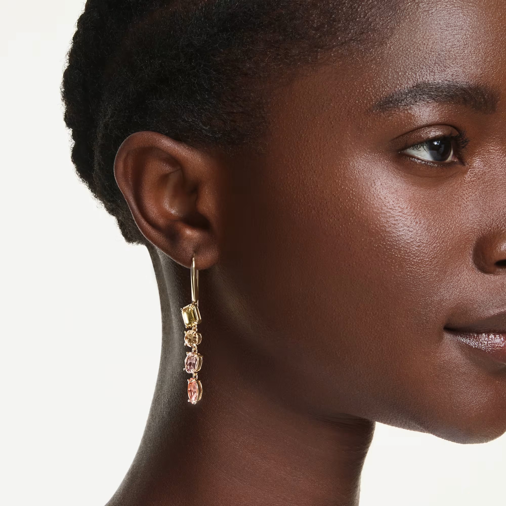 Swarovski Mixed Cuts Asymmetrical Gema Drop Earrings, Pink and 18k Yellow Gold Finish