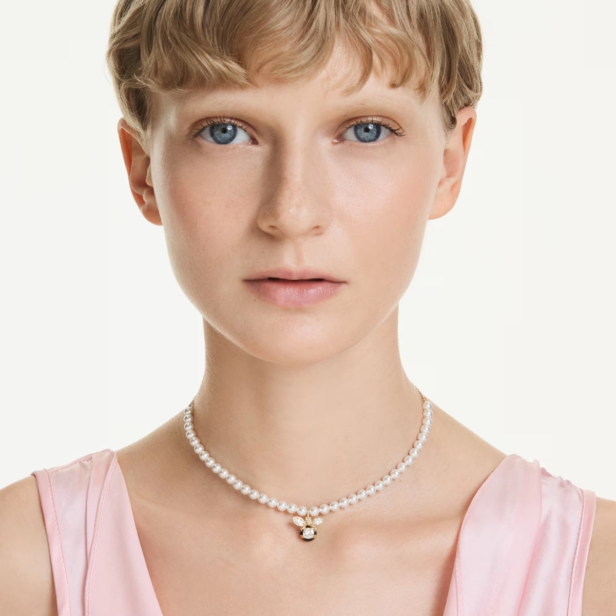 Swarovski Crystal Pearl Mixed Cuts Bee Choker Necklace, White and Gold Tone Plated