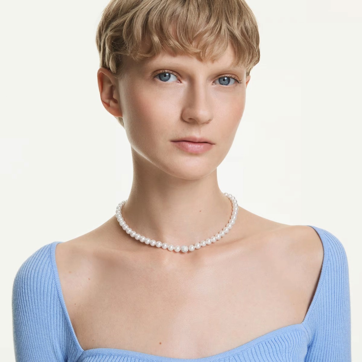 Swarovski Crystal Pearl Matrix Necklace, White and Rhodium Plated