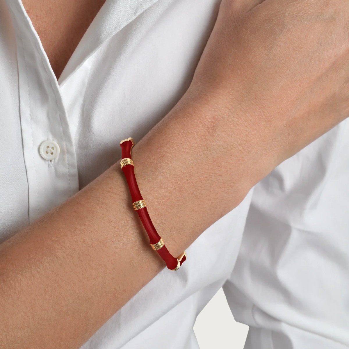 Anabel Aram Bamboo Enameled Hinged Bangle Bracelet, Rouge