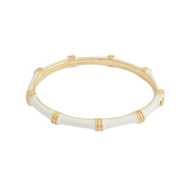 Anabel Aram Bamboo Enameled Hinged Bangle, Taupe with Silver Hardware