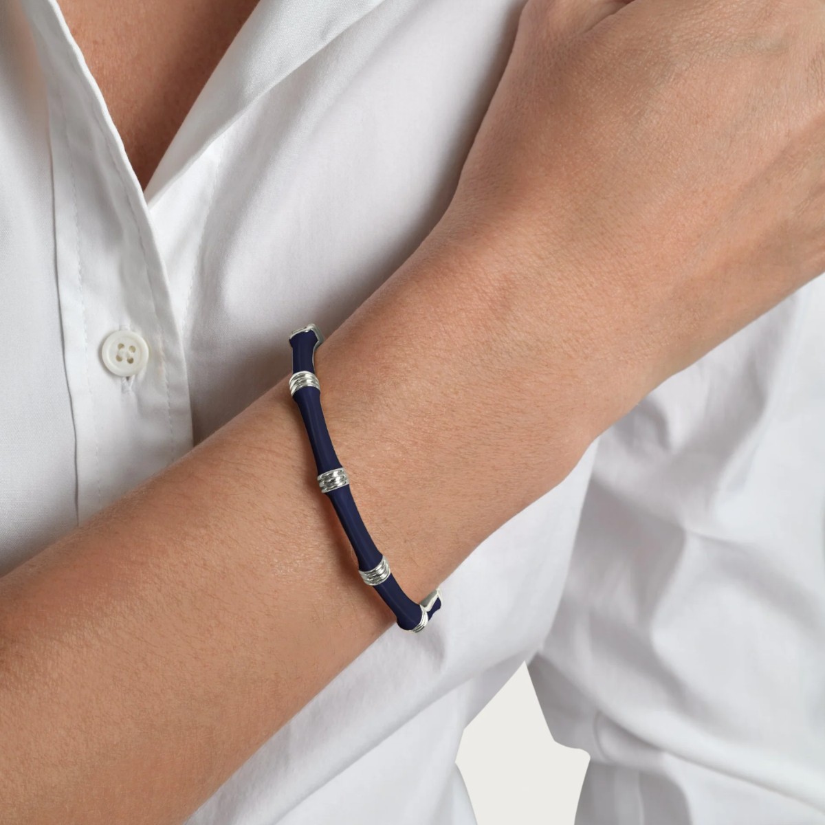 Anabel Aram Bamboo Enameled Hinged Bangle, Atlantic Navy Blue