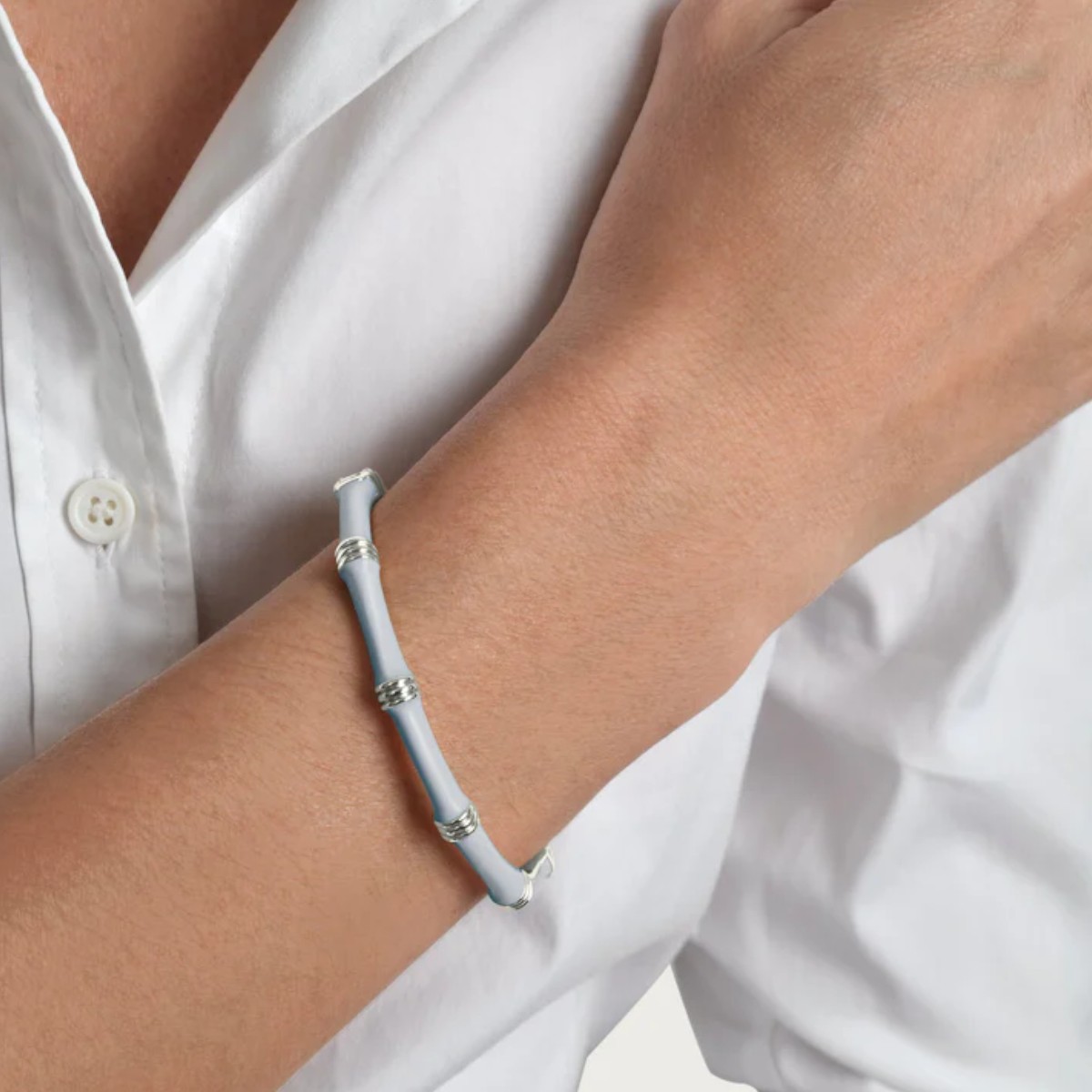 Anabel Aram Bamboo Enameled Hinged Bangle, Pale Blue