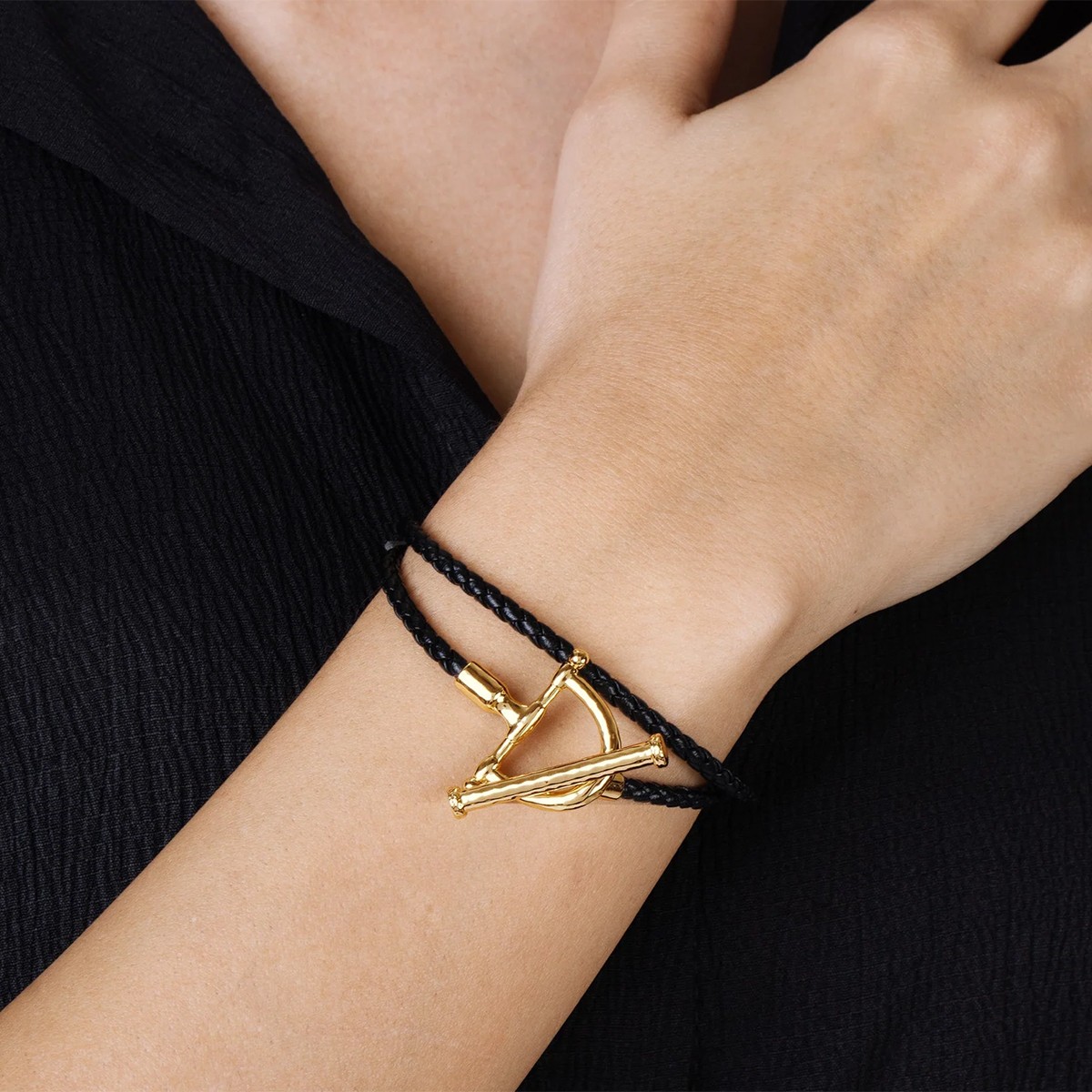 Anabel Aram Cheval Leather Wrap Bracelet, Black and Gold