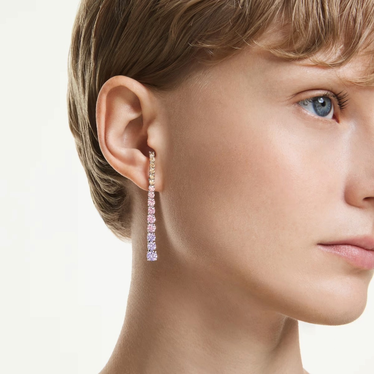 Swarovski Gradient of Round Cuts Matrix Drop Earrings, Multicolored and Rhodium Plated