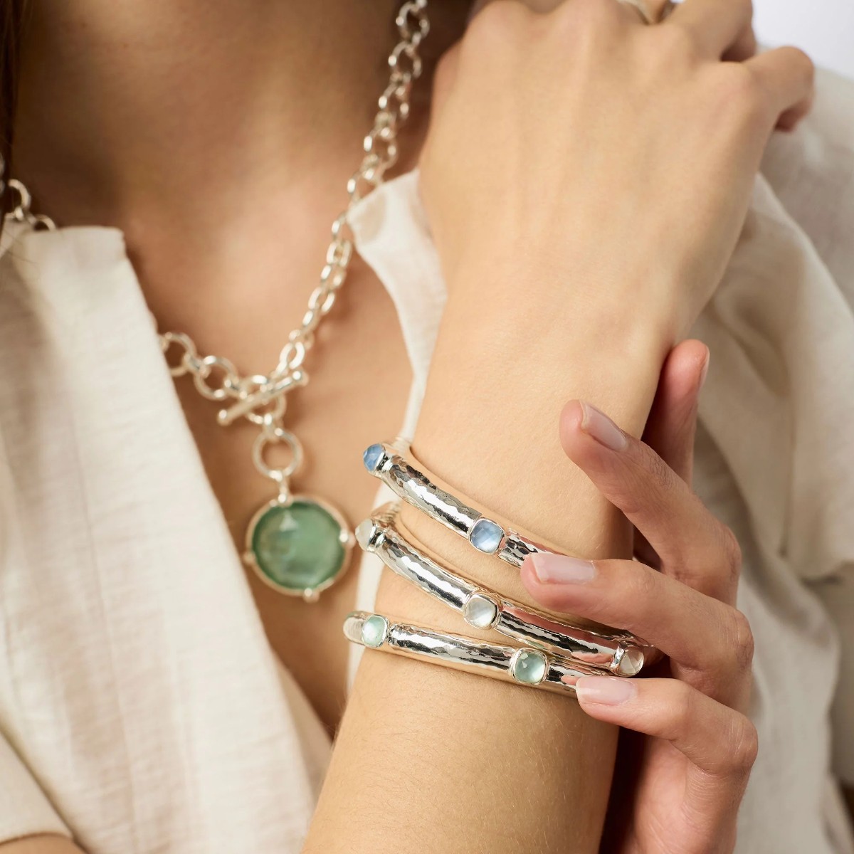 Julie Vos Catalina Stone Silver Hinge Bangle Bracelet, Iridescent Aquamarine Blue