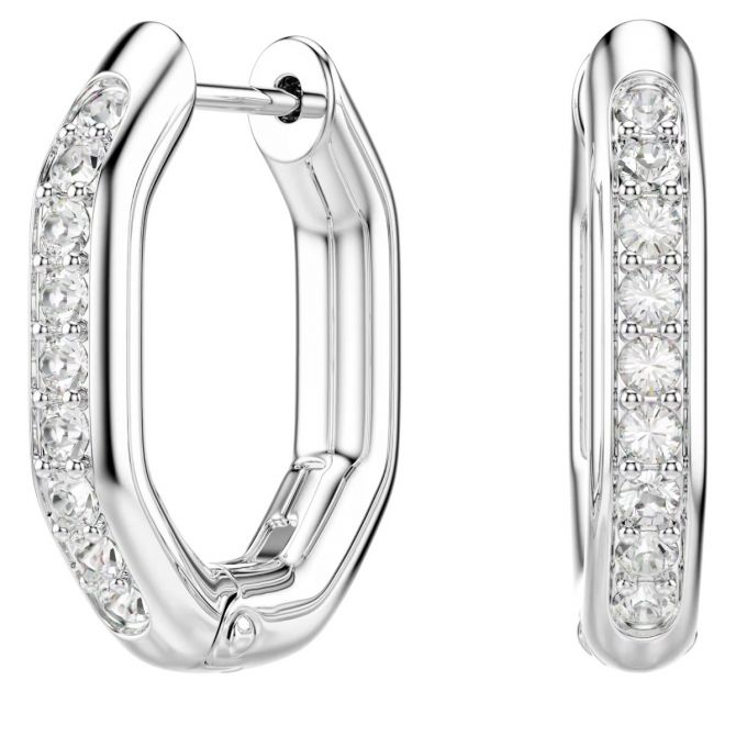Swarovski Round Cut Octagon Shape Dextera Small Hoop Earrings, White and Rhodium Plated