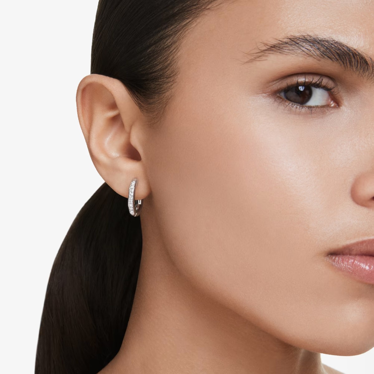 Swarovski Round Cut Octagon Shape Dextera Small Hoop Earrings, White and Rhodium Plated