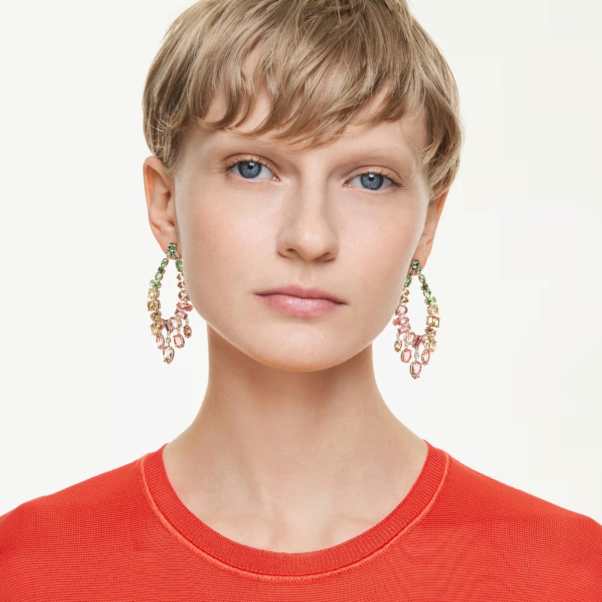 Swarovski Mixed Cuts Chandelier Gema Drop Earrings, Multicolor and 18k Yellow Gold Finish