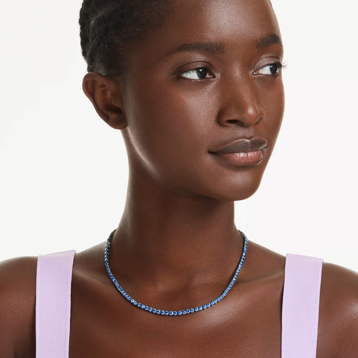 Swarovski Round Cut Matrix Tennis Necklace, Blue and Ruthenium Plated in Medium