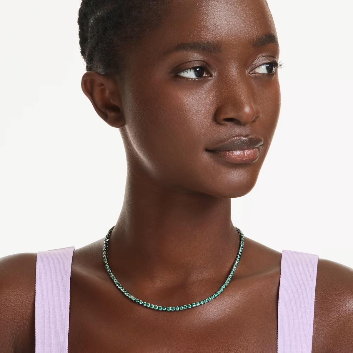 Swarovski Round Cut Matrix Tennis Necklace, Green and Rhodium Plated