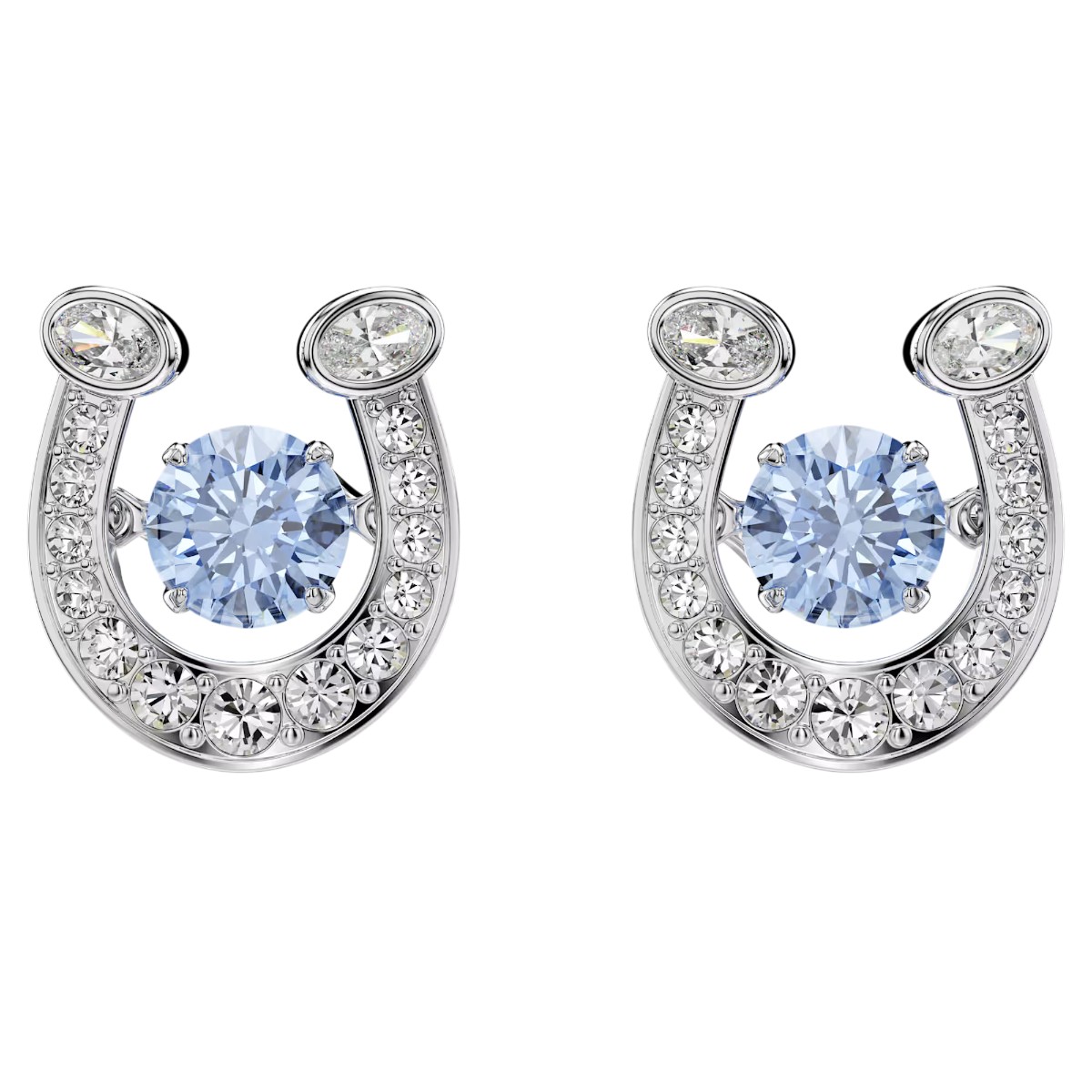 Swarovski Pave Round Cut Crystal and Horse Shoe Symbolica Stud Earrings, Blue and Rhodium Plated