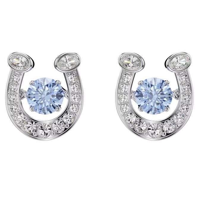 Swarovski Pave Round Cut Crystal and Horse Shoe Symbolica Stud Earrings, Blue and Rhodium Plated