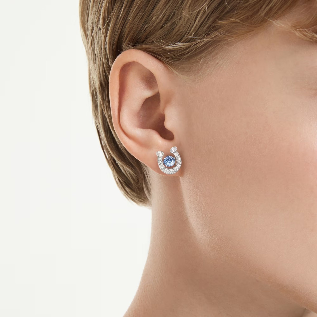 Swarovski Pave Round Cut Crystal and Horse Shoe Symbolica Stud Earrings, Blue and Rhodium Plated