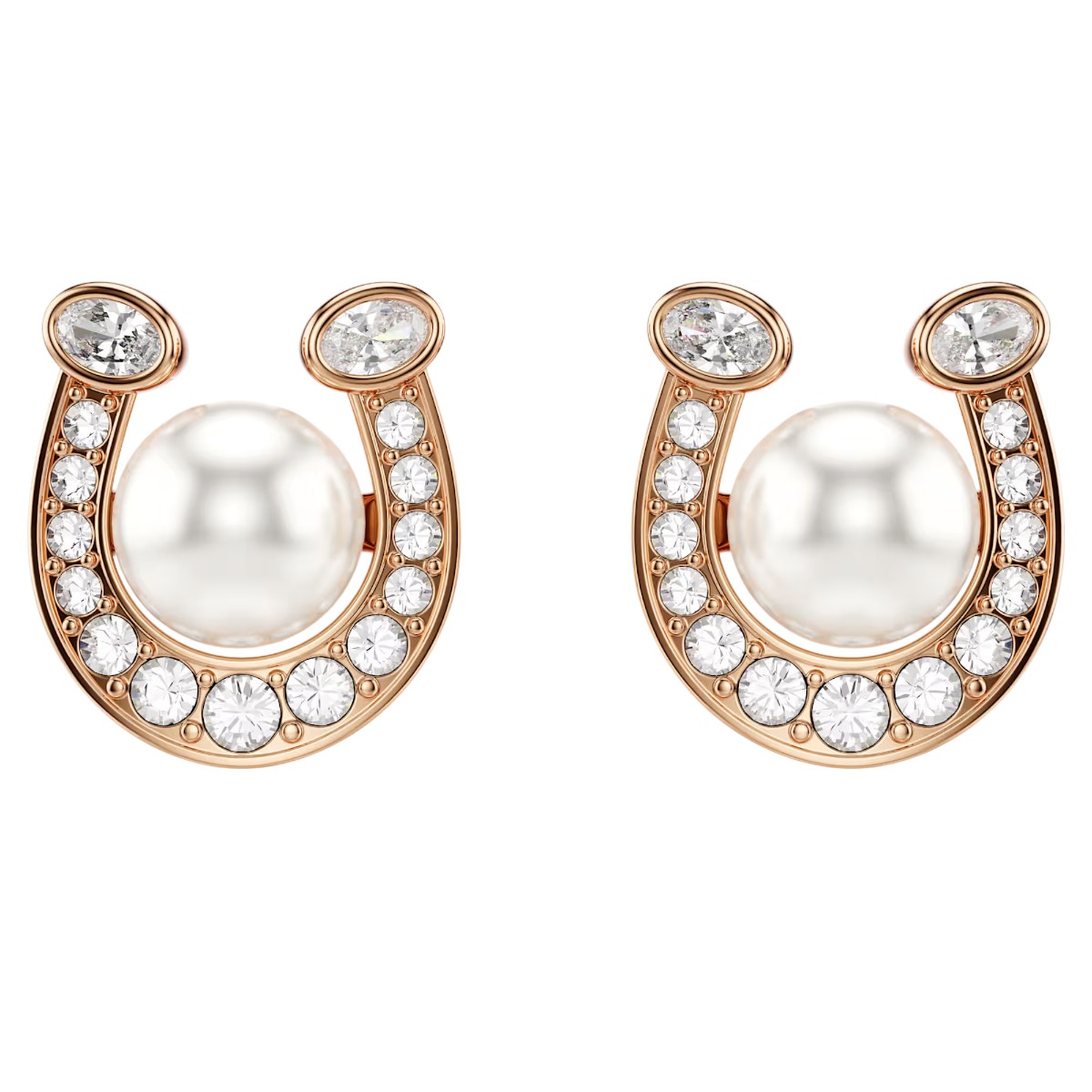 Swarovski Pave Crystal Pearl and Horse Shoe Symbolica Stud Earrings, White and Rose Gold Tone Plated