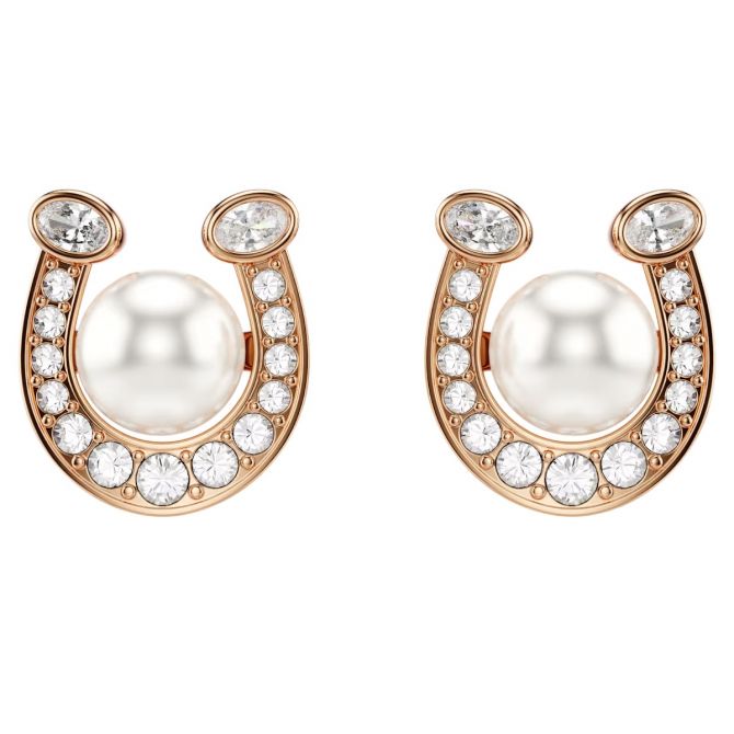 Swarovski Pave Crystal Pearl and Horse Shoe Symbolica Stud Earrings, White and Rose Gold Tone Plated