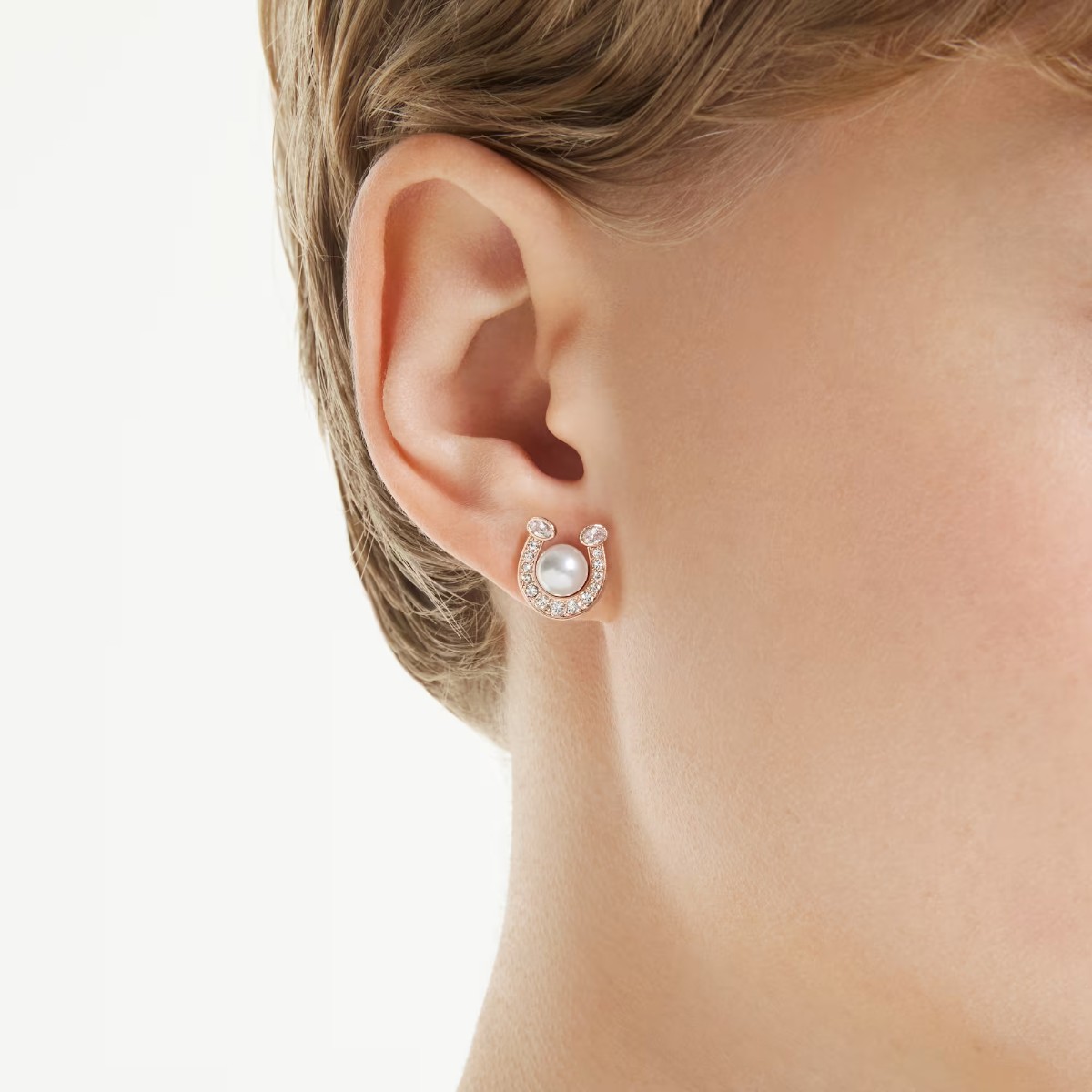 Swarovski Pave Crystal Pearl and Horse Shoe Symbolica Stud Earrings, White and Rose Gold Tone Plated