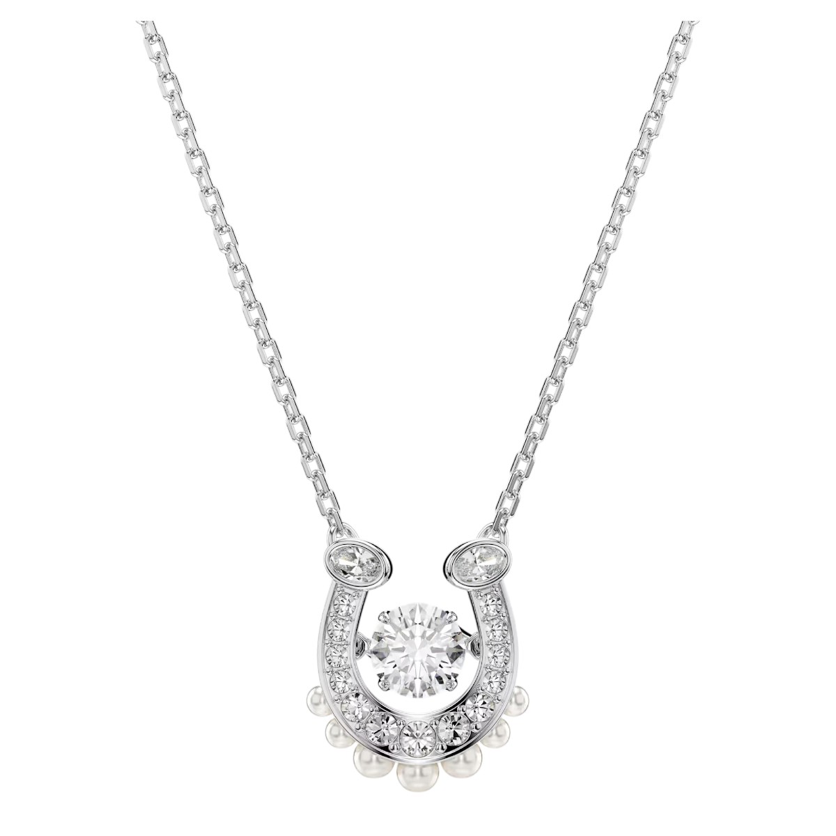 Swarovski Crystal Pearl Bead Pave Round Cut Crystal and Horse Shoe Symbolica Pendant Necklace, White