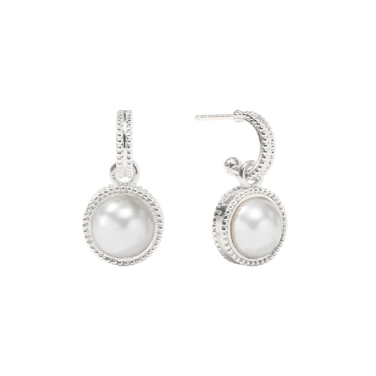 Julie Vos Fleur de Lis Hoop and Charm Earrings, Pearl and Silver