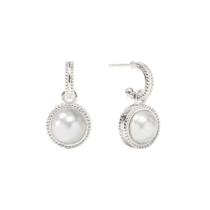 Julie Vos Fleur de Lis Hoop and Charm Earrings, Pearl and Silver