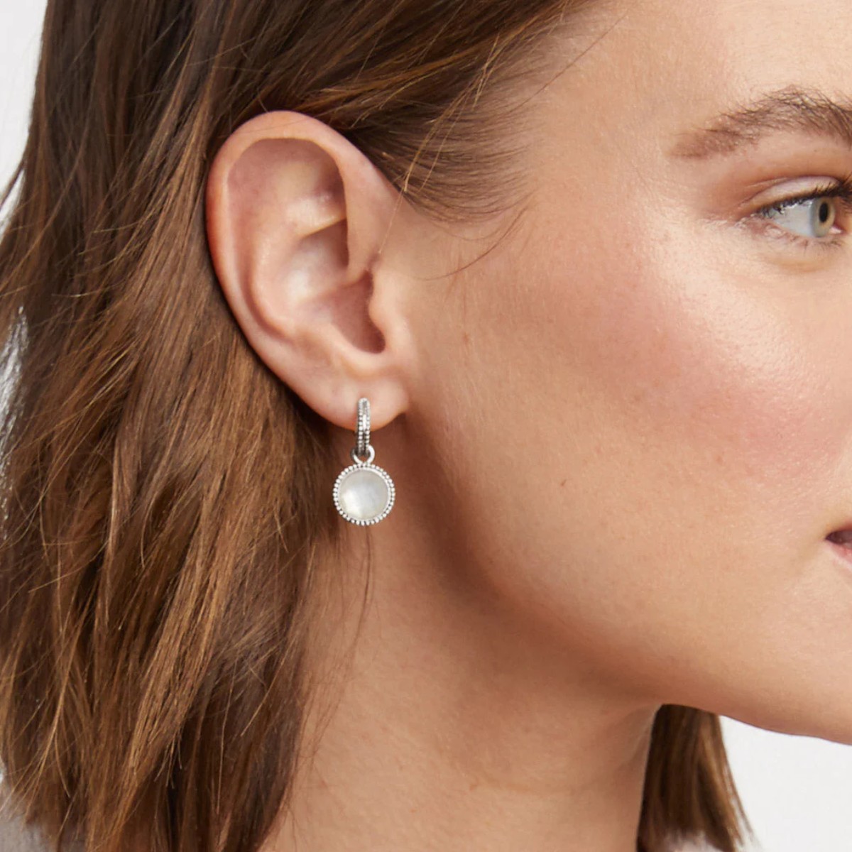 Julie Vos Fleur de Lis Hoop and Charm Earrings, Pearl and Silver