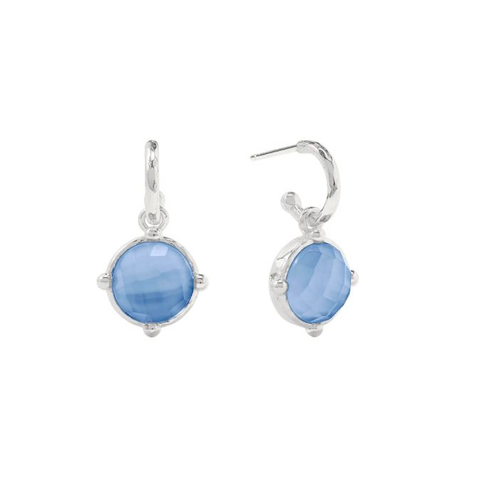 Julie Vos Honeybee Hoop and Charm Earrings, Iridescent Chalcedony Blue and Silver
