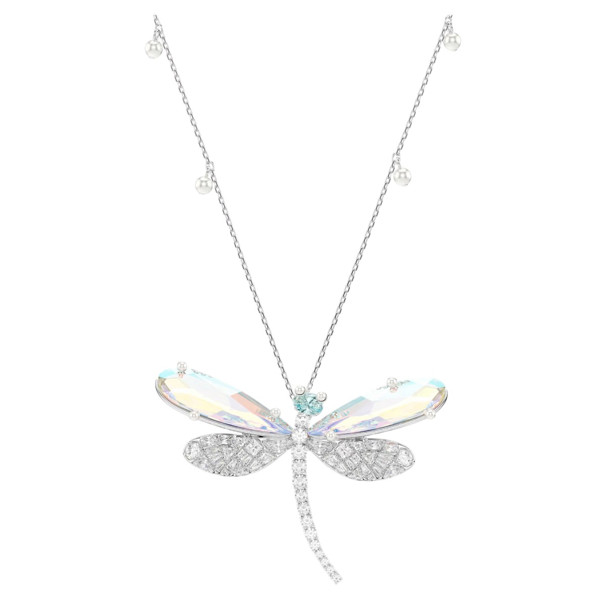 Swarovski Ariana Grande Crystal Pearl Mixed Cuts Dragonfly Pendant and Brooch, White and Rhodium Pla