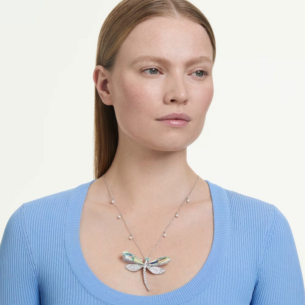 Swarovski Ariana Grande Crystal Pearl Mixed Cuts Dragonfly Pendant and Brooch, White and Rhodium Pla