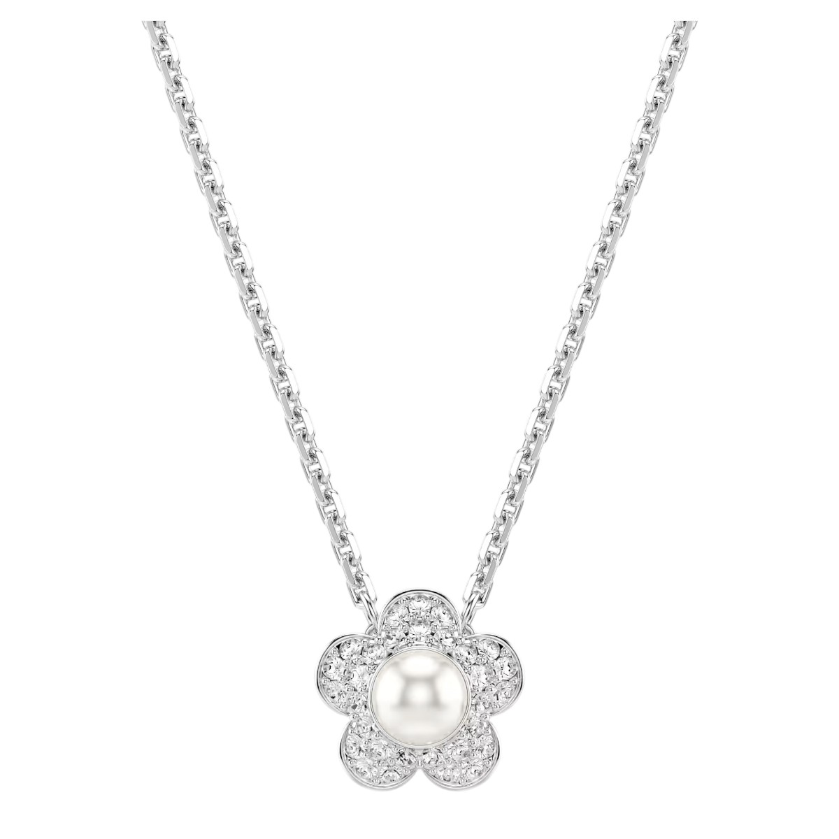 Swarovski Ariana Grande Crystal Pearl Round Cut Flower Pendant Necklace, White and Rhodium Plated