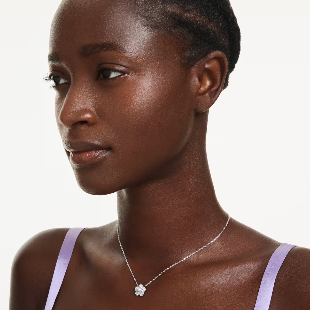Swarovski Ariana Grande Crystal Pearl Round Cut Flower Pendant Necklace, White and Rhodium Plated