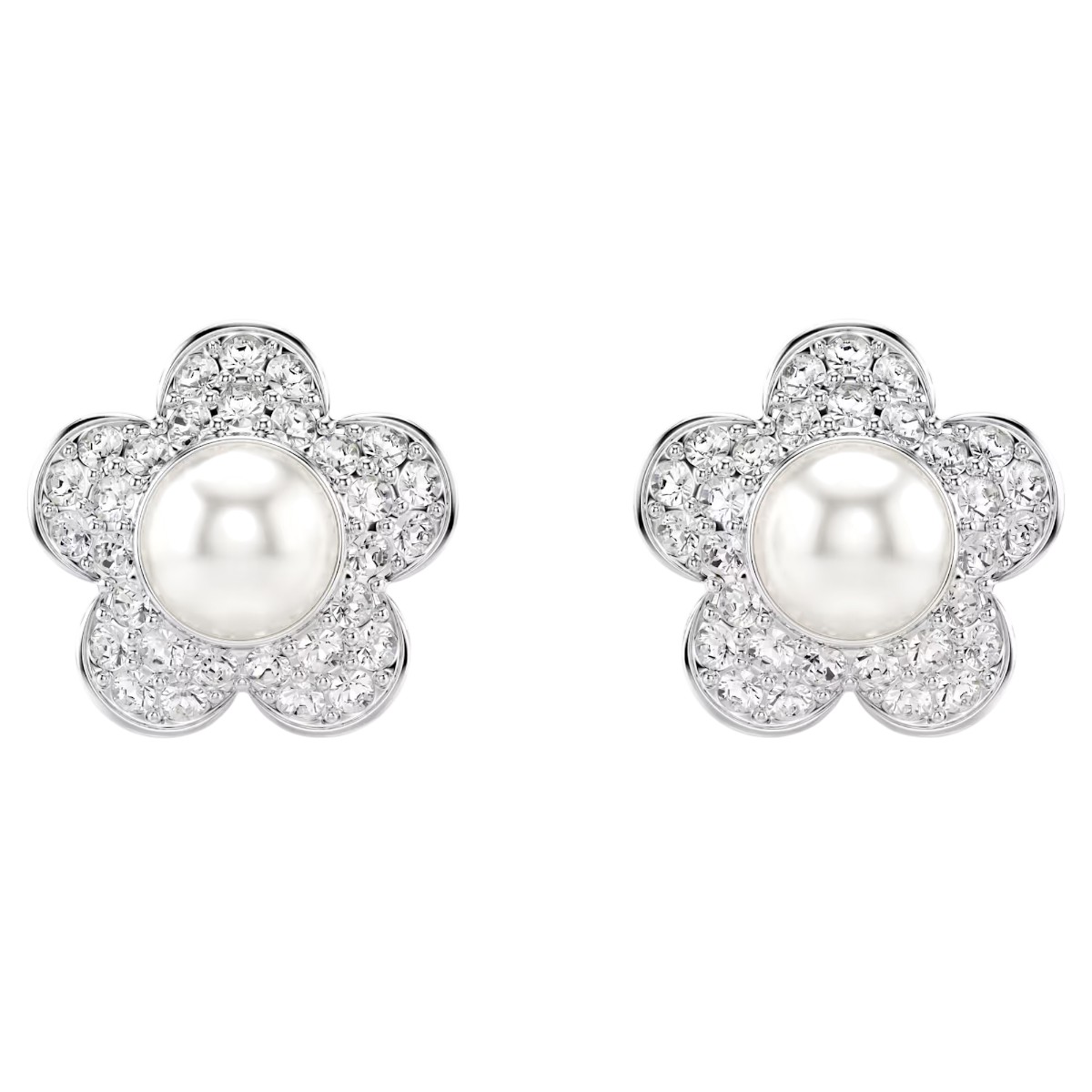 Swarovski Ariana Grande Crystal Pearl Round Cut Flower Stud Earrings, White and Rhodium Plated