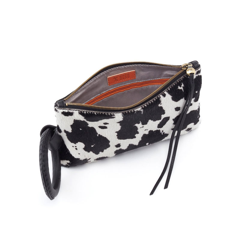 Hobo Storm Wristlet, Cow Print Black and White