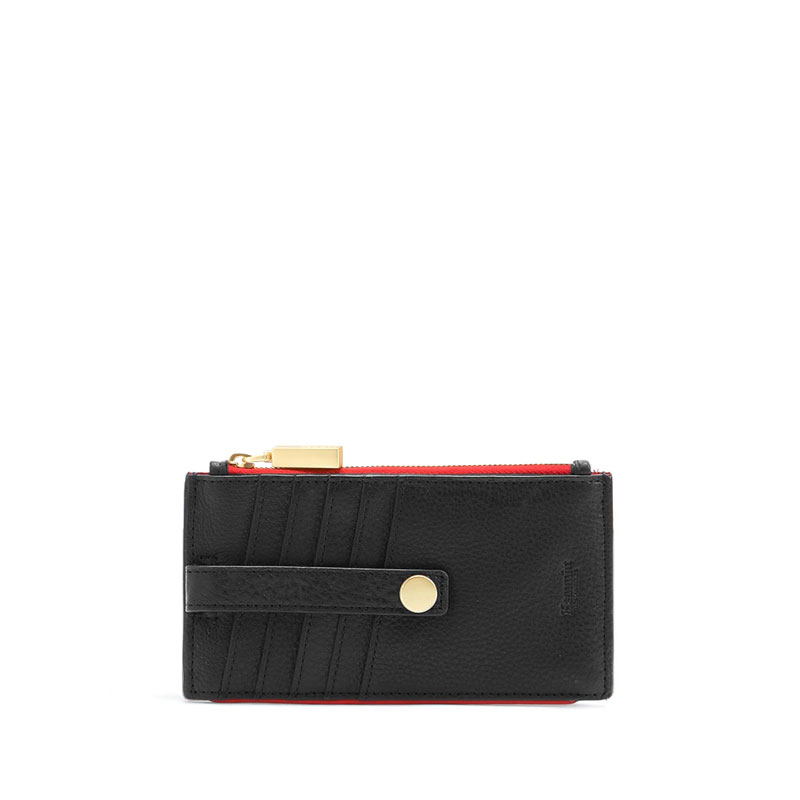Hammitt 210 West Zip Wallet in Black and Brushed Gold Tone Hardware with Red Zip