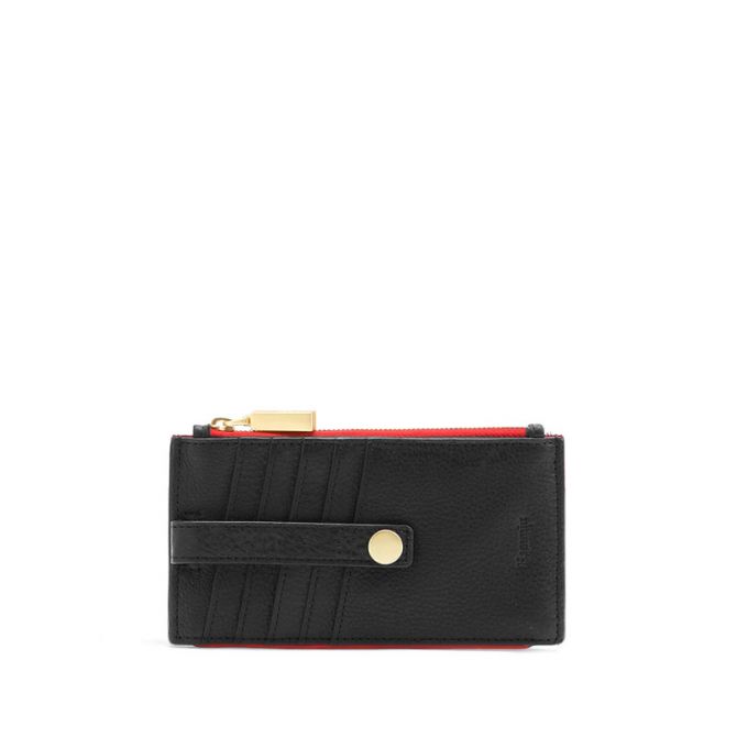 Hammitt 210 West Zip Wallet in Black and Brushed Gold Tone Hardware with Red Zip