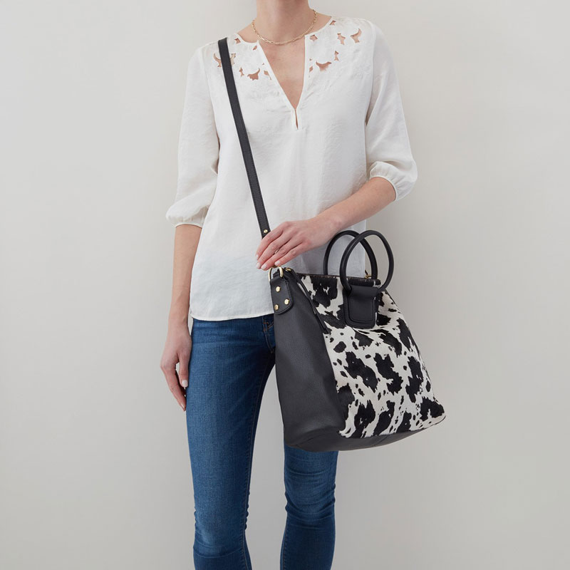 Hobo Sheila Large Satchel, Cow Print Black and White
