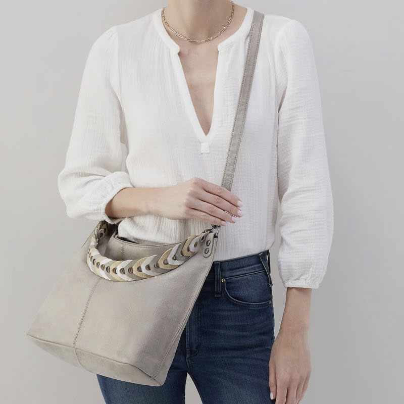 HOBO Pier Shoulder Bag, Granite Grey in Metallic Leather
