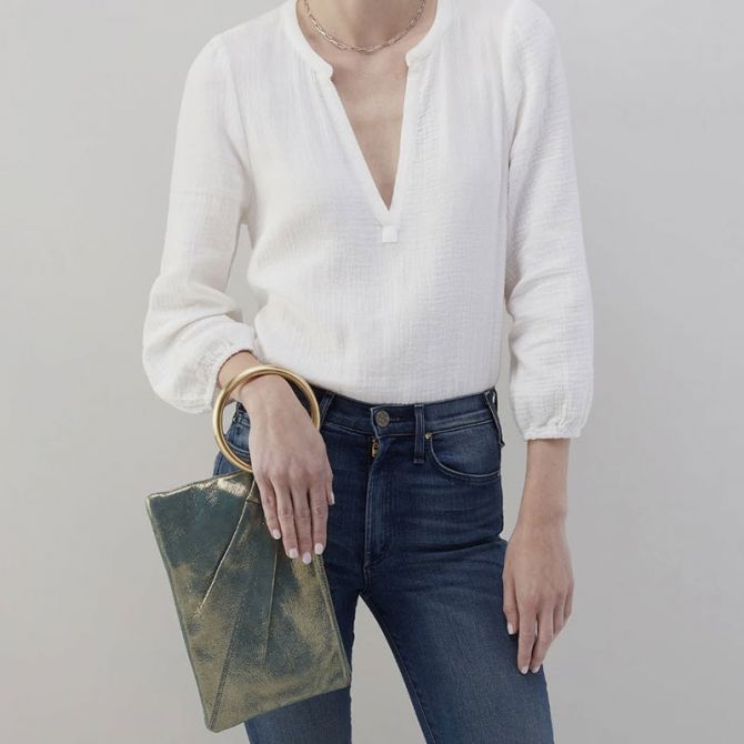 HOBO Sheila Hard Ring Clutch, Evergreen Shimmer in Metallic Leather