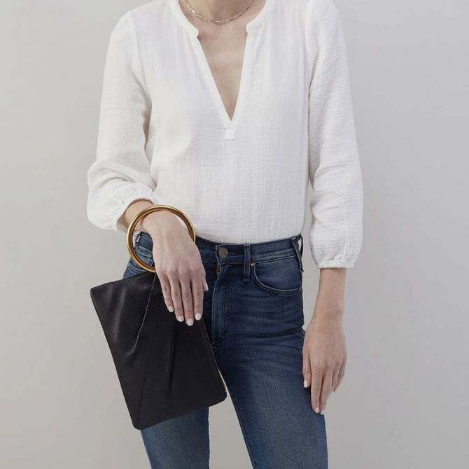 HOBO Sheila Hard Ring Clutch, Black in Pebbled Leather
