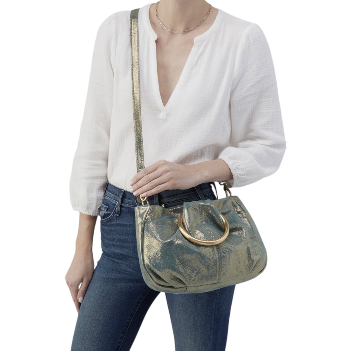 HOBO Sheila Hard Ring Satchel, Evergreen Shimmer in Metallic Leather