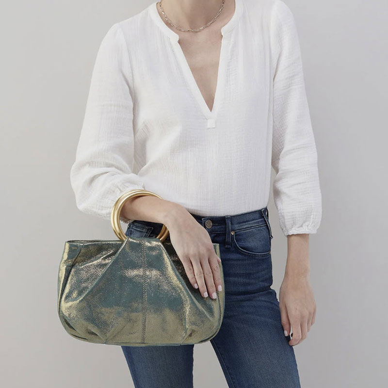 HOBO Sheila Hard Ring Satchel, Evergreen Shimmer in Metallic Leather
