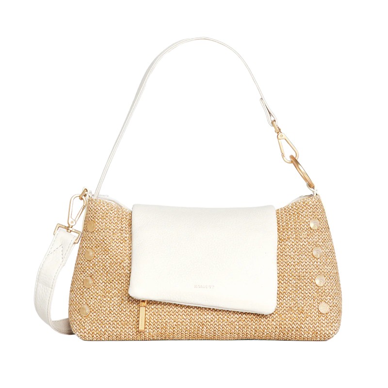 Hammitt VIP Satchel, Shell White Raffia and Brushed Yellow Gold Hardware