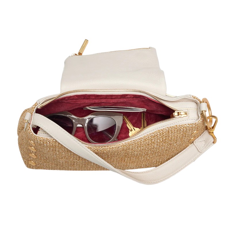 Hammitt VIP Satchel, Shell White Raffia and Brushed Yellow Gold Hardware