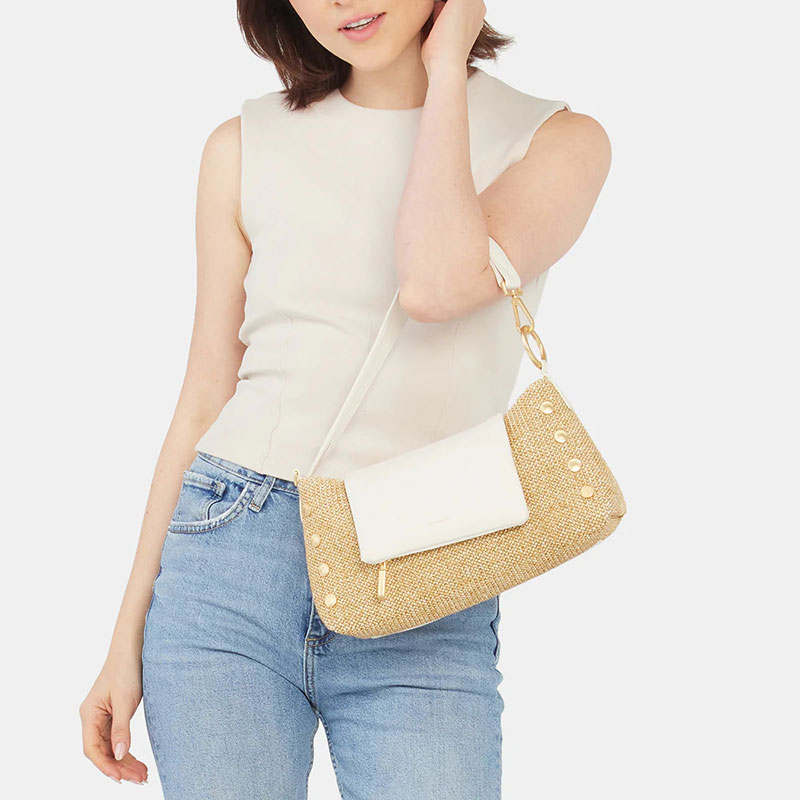 Hammitt VIP Satchel, Shell White Raffia and Brushed Yellow Gold Hardware