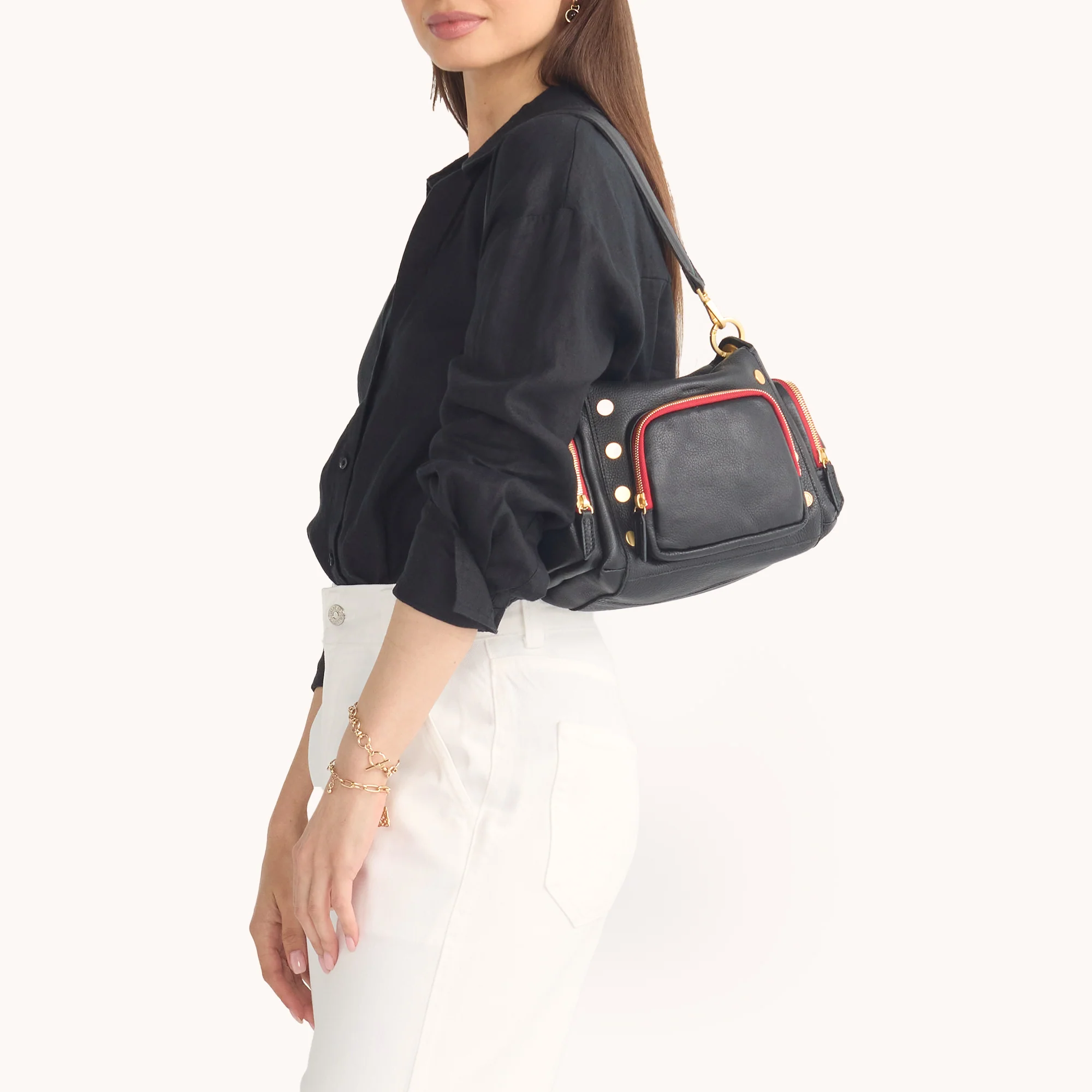 Hammitt Bryant Medium Shoulder Bag, Cargo Black and Brushed Yellow Gold Hardware