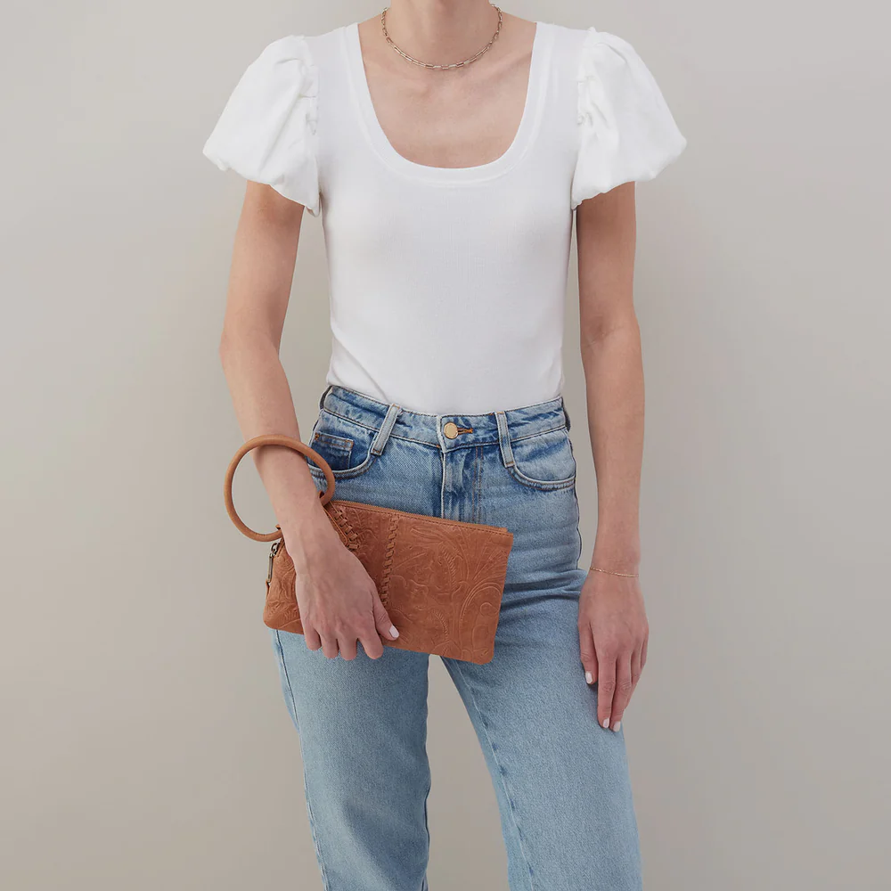 HOBO Sable Wristlet, Saddle Tooled Embossed Leather