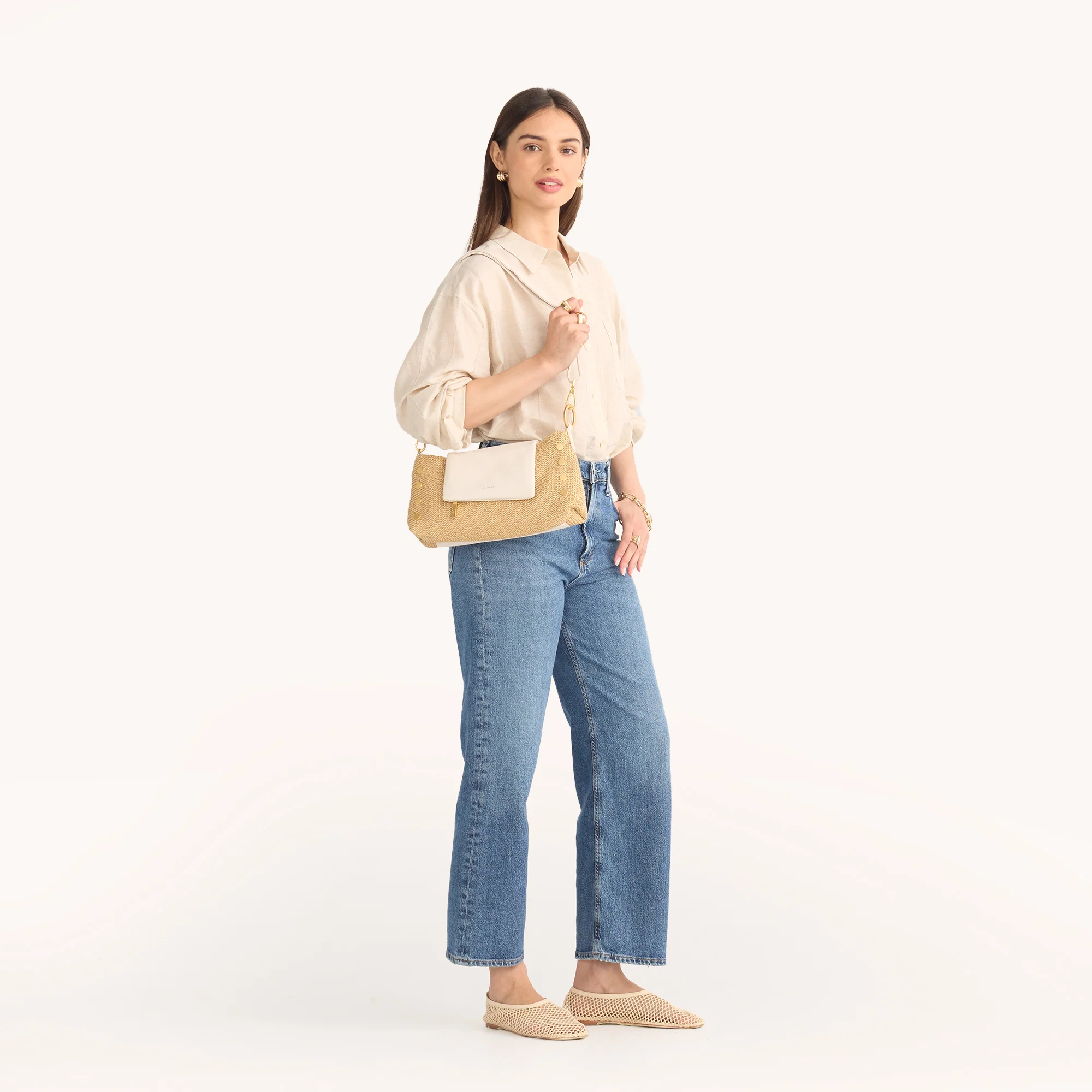 Hammitt VIP Satchel Shoulder Bag, Calla Lily White Raffia and Brushed Gold Hardware