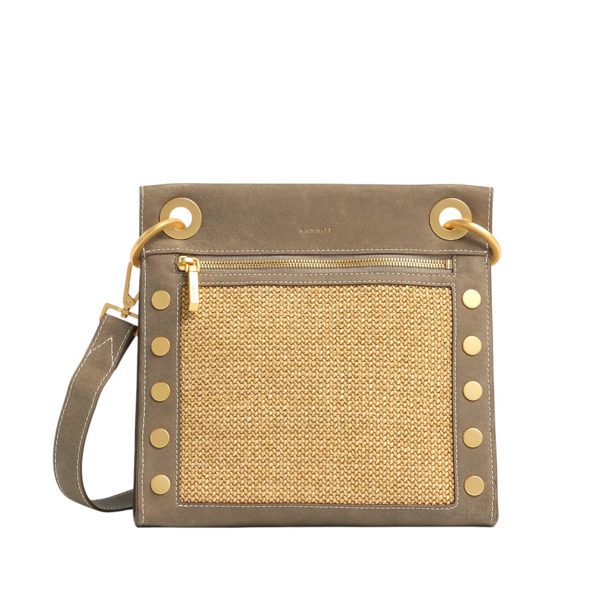 Hammitt Medium Tony Crossbody Bag, Pewter Raffia and Brushed Yellow Gold Hardware